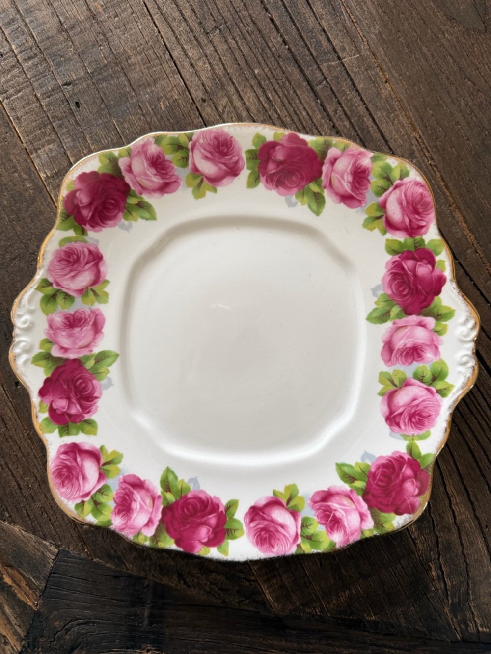 Royal Albert Pink Rose Border Square Plate with Gold Trim